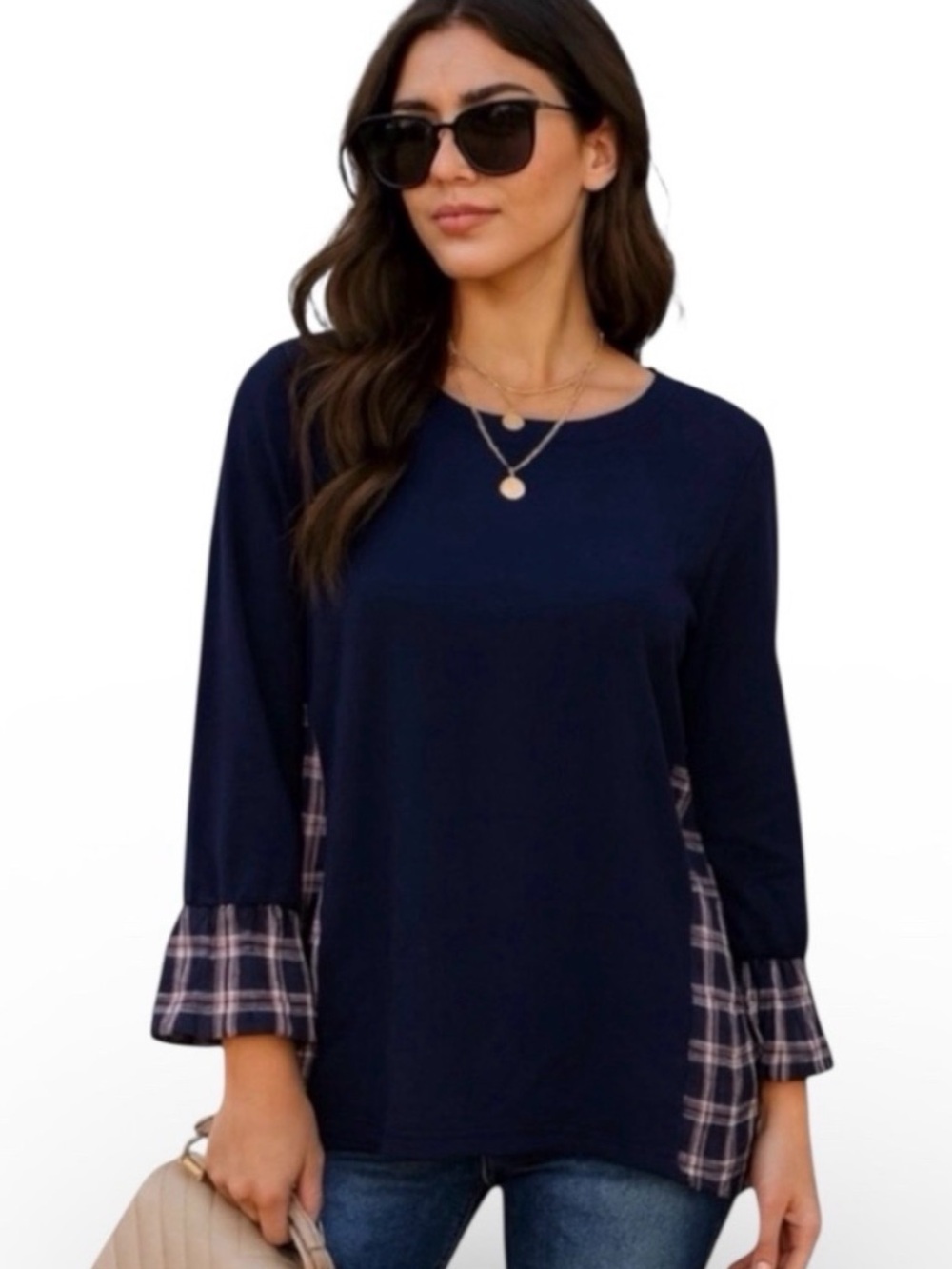 LOFT Navy Mixed Media Tunic Top XS Plaid Contrast Trim Long Sleeve Peplum Blouse